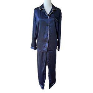 Lonxu Silk Satin Navy Blue Pajamas Set Size XL White Trim Pants Long Sleeve NEW